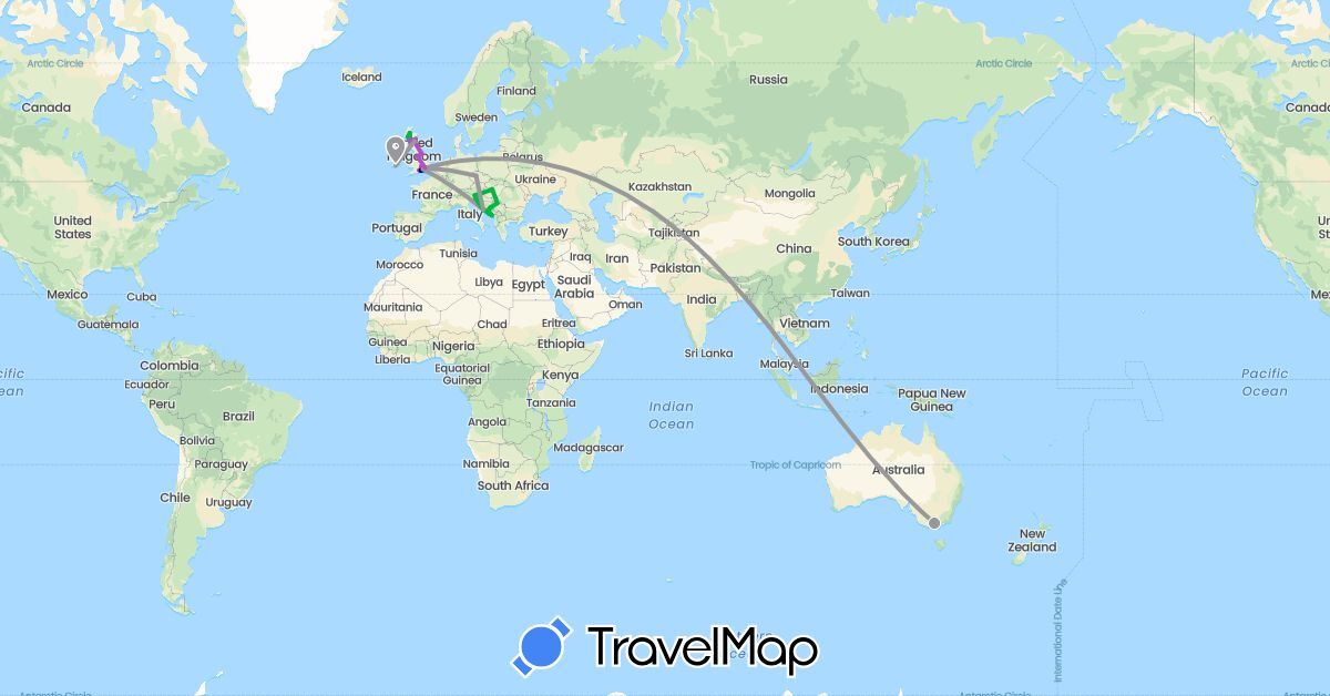 TravelMap itinerary: driving, bus, plane, train in Australia, Bosnia and Herzegovina, Czech Republic, United Kingdom, Croatia, Hungary, Ireland, Montenegro, Serbia, Slovenia (Europe, Oceania)